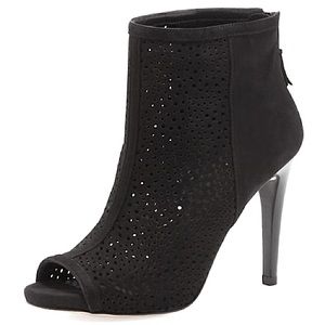 INANDOUT Stuart Weitzman Black Perforated Suede Peep Toe Heeled Bootie